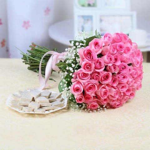 Pink Roses with Kaju Katli